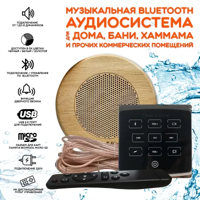 Комплект влагостойкой акустики для бани и сауны - SW1 Black ECO SAUNA (круглая решетка)