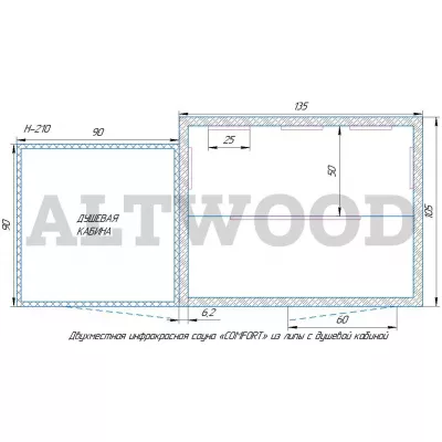фото Двухместная инфракрасная сауна «COMFORT» из липы с душевой кабиной