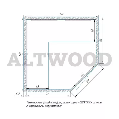фото Трехместная угловая инфракрасная сауна «COMFORT» из липы с карбоновыми излучателями