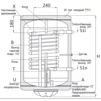 Водонагреватель комбинированного нагрева SUNSYSTEM MB-L NL2 80 V/S1 с ТЭНом 2кВт