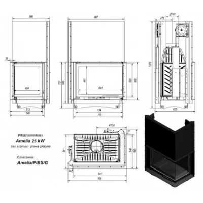 Топка AMELIA/P/BS/G, Г-образное стекло справа, гильотина