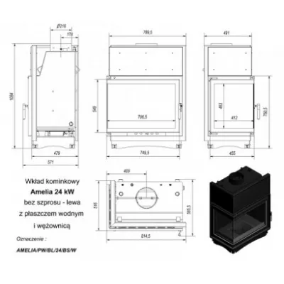 Топка с водяным контуром AMELIA/PW/BL/24/BS/W, Г-образное стекло слева, змеевик