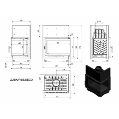 Топка ZUZIA/P/BS/DECO, Г-образное стекло справа