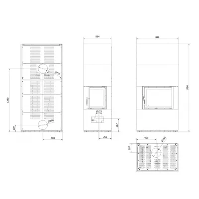 Каминокомплект FLOKI в облицовке CEMENTO GRIGIO BOCCIARDATA, угловое стекло справа