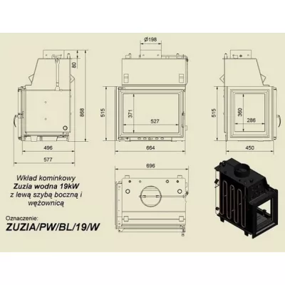 купить Топка с водяным контуром ZUZIA/PW/BL/19/W, стекло слева, змеевик