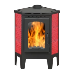 Печь-камин БАВАРИЯ УГЛОВАЯ изразцовая "Решетка" красная с металлической крышкой