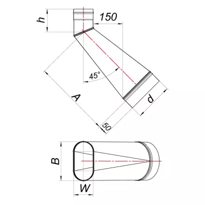 Переходник с овала 120х240 на диаметр D180 под углом 45°, AISI 321 (Вулкан)