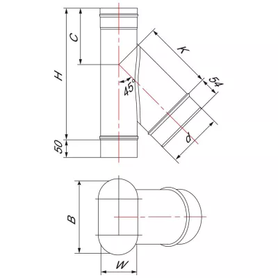 Тройник 45° 100x200 с патрубком круглого сечения D150, AISI 321 (Вулкан)