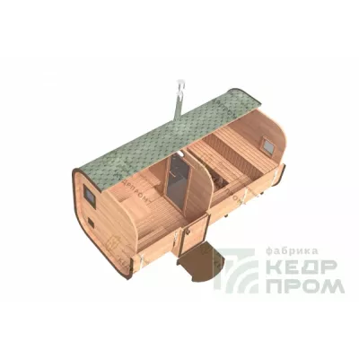 Баня-бочка из кедра квадратная длиной 4,5 метра со входом сбоку