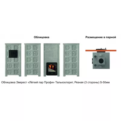 Печь Эверест Легкий пар Профи каменка из чугуна, Талькохлорит, S-50 мм, Резная (3 стороны)